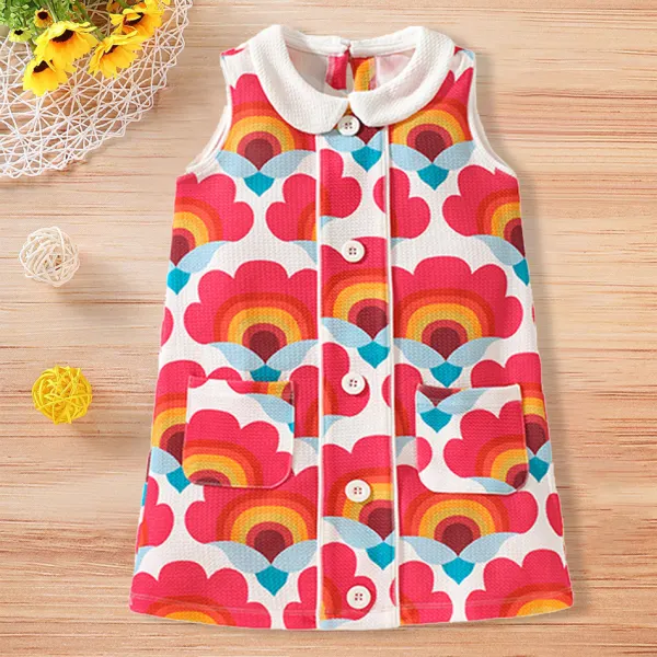 【18M-7Y】Girl Casual Fashion Rainbow Flower Print Doll Collar Sleeveless Dress Only $5.99 - Popopieshop.com 