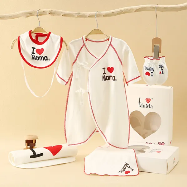 5-Pack Unisex Baby Newborn Cotton I Love Mom And Dad Print Jumpsuit Hat Gloves Foot Cover Set Box - Popopieshop.com 