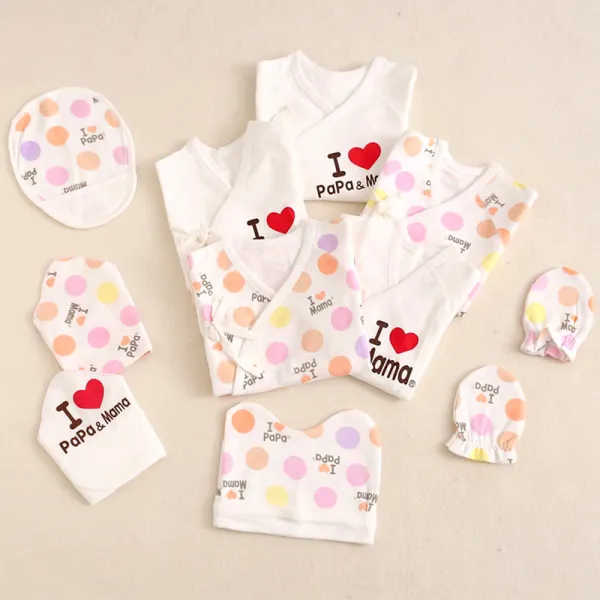 10-Pack Unisex Baby Newborn Cotton I Love Mom And Dad Print Jumpsuit Hat Bibs Gloves Foot Cover Set Box - Popopieshop.com 