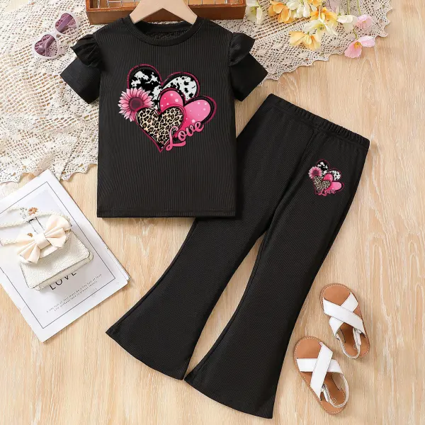 【2Y-8Y】2-piece Girl Casual And Sweet Heart-shaped Print Multicolor Ruffled Short-sleeved T-shirt And Flare Pants Set - Popopieshop.com 