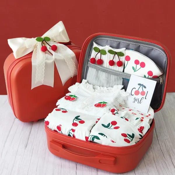 【0M-18M】8-piece Baby Girls Cute Cherry Printed Cotton Romper And Accessory Set Gift Package - Popopieshop.com 