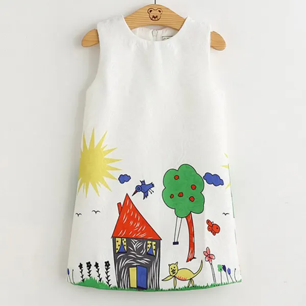 【2Y-8Y】Girls White Cartoon Print Sleeveless Dress - Popopieshop.com 