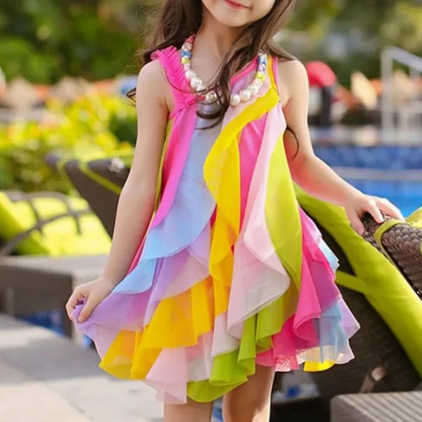 【3Y-11Y】Girls One Shoulder Sleeveless Rainbow Mesh Dress - 33168 - Popopie.com 