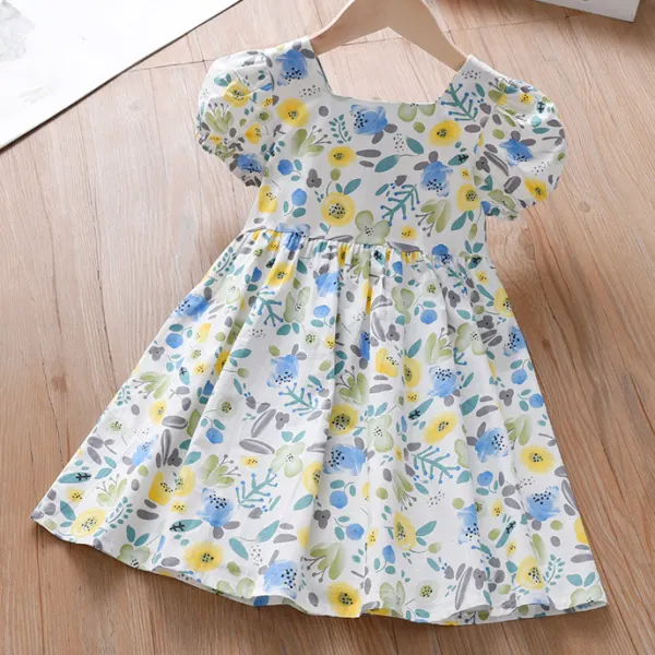 【2Y-8Y】Girls Sweet Floral Printed Cotton Square Neck Bubble Sleeve Dress - Thepopopie.com 