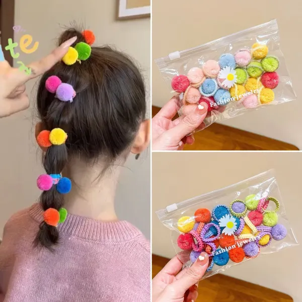 20-pack Girl Cute Colorful Mixed Colors Faux Pompom Rubber Band - Popopieshop.com 