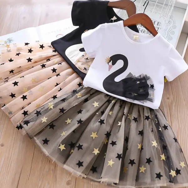 【18M-6Y】2-piece Girl Casual Sweet Swan Embroidered Short-sleeved T-shirt And Star Print Mesh Puff Skirt Suit - 34554 - Popopieshop.com 