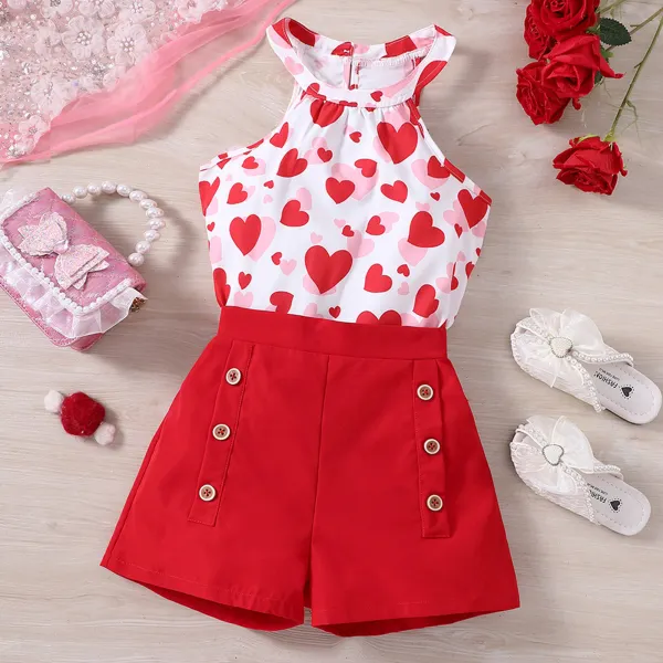 【4Y-12Y】2-piece Girl Casual Sweet Heart-shaped Print Halter Sleeveless Top And Red Shorts Set - Popopieshop.com 