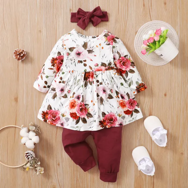 【3M-24M】3-piece Baby Girl Cute Flower Print T-shirt And Pants Set With Hairband - Popopieshop.com 