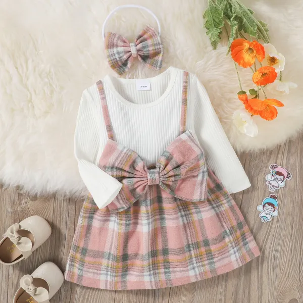 【3M-3Y】Girls Sweet Bowknot Plaid Fake Two-piece Dress - Popopieshop.com 