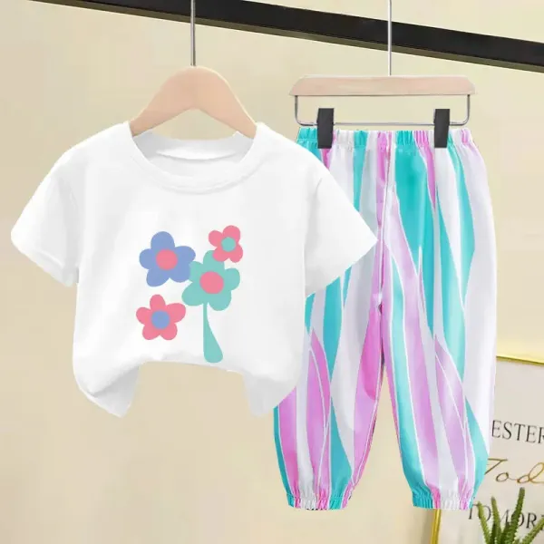 【18M-8Y】2-piece Girl Casual Cotton Flowers Print Short-sleeved T-shirt And Colorful Geometric Pants Set - 34614 - Popreal.com 