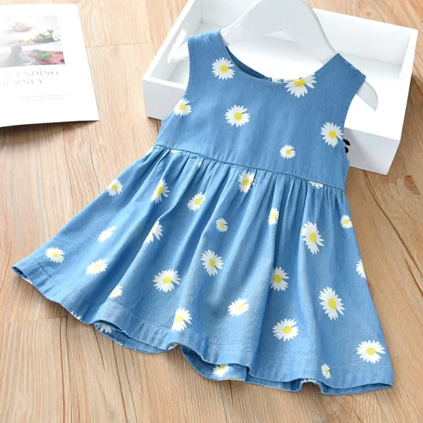 【18M-6Y】Girls Fashion Casual Daisy Full Print Sleeveless Dress - 3356 - Popopieshop.com 