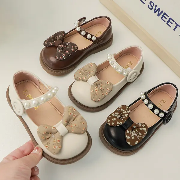 Girls Sweet Pearl And Bow Design PU Shoes Soft Princess Shoes - Popopieshop.com 