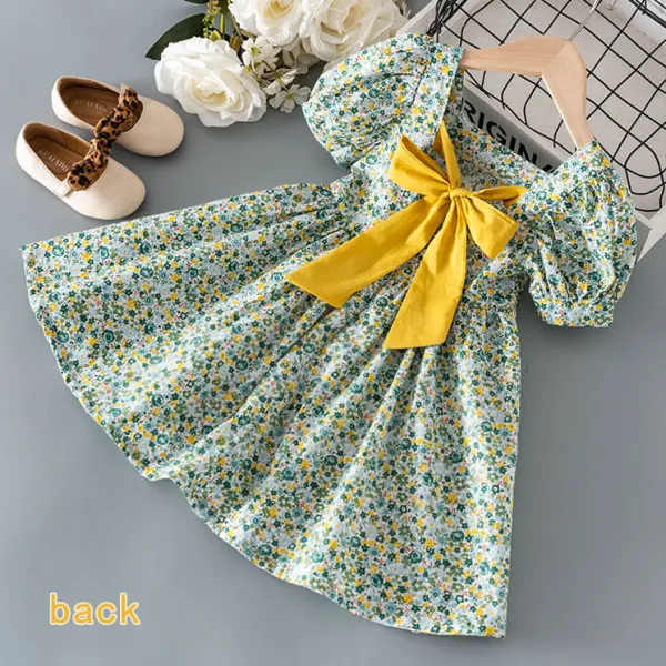 【12M-6Y】Girls Sweet Back Bow Design Floral Print Bubble Sleeve Dress - 33402 - Popopieshop.com 