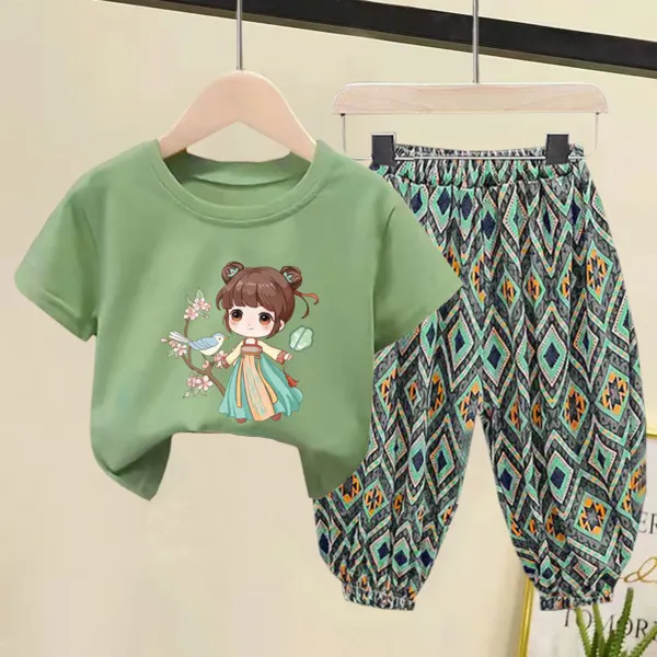 【18M-8Y】Girl Casual Cute Cotton Cartoon Print Multicolor Short-sleeved T-shirt And Geometric Pattern Bloomers Set - Popopieshop.com 