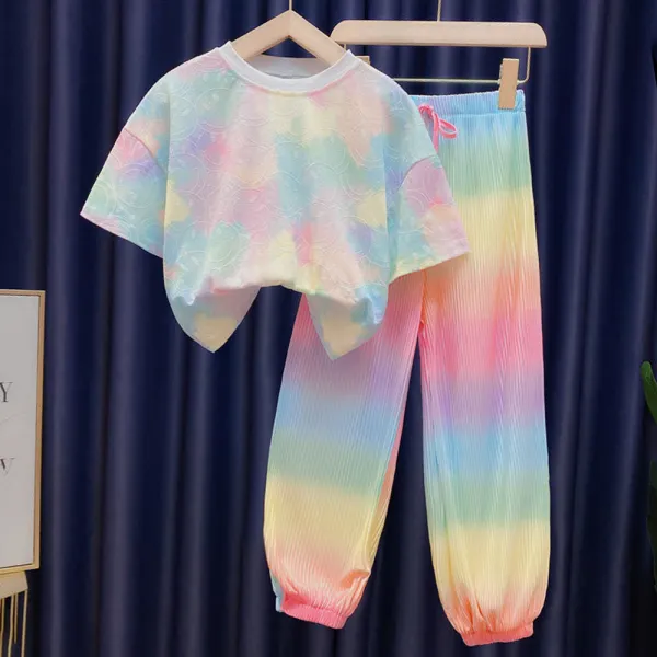 【18M-12Y】2-piece Girl Casual Fashion Rainbow Tie Dye Smiley Print Short Sleeve T-shirt And Pants Set - 34732 - Popopieshop.com 