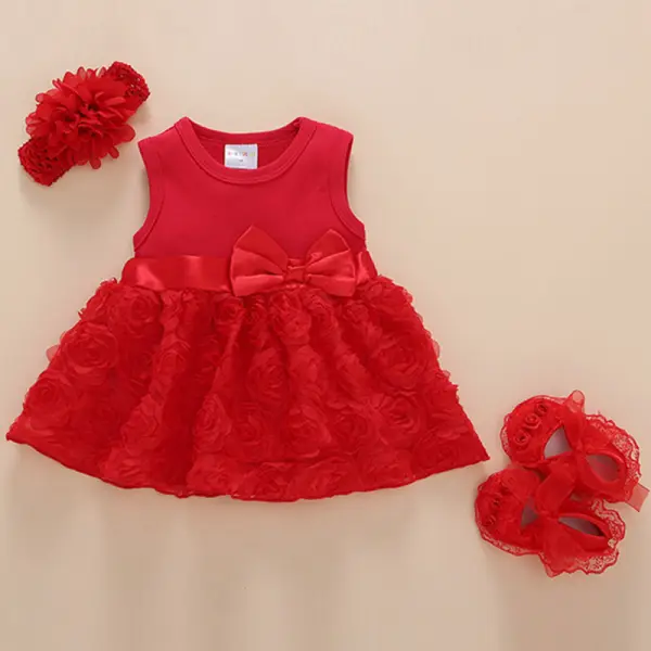 【0M-3Y】3-piece Baby Girl Flower Sleeveless Dress With Headband And Shoes - Popopieshop.com 