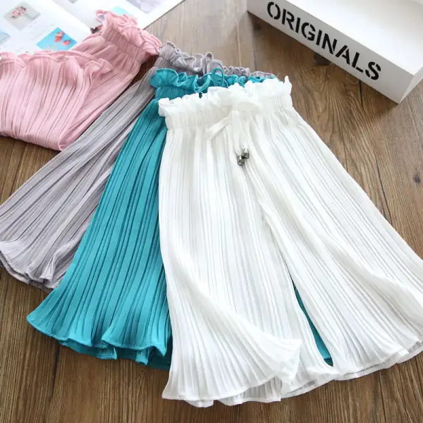 【2Y-12Y】Girls Fashionable Pleated Design Solid Color Loose Chiffon Pants - Popopieshop.com 