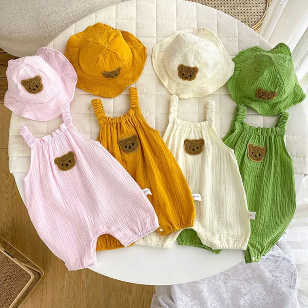 【3M-24M】2-piece Baby Cute Bear Embroidered Comfortable Overalls Romper With Hat - 8037 - Popopieshop.com 