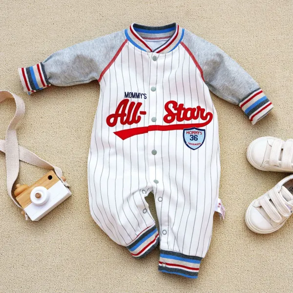 【0M-18M】Baby Boys Cute Letter Print Baseball Jersey Long Sleeve One Piece - Popopieshop.com 