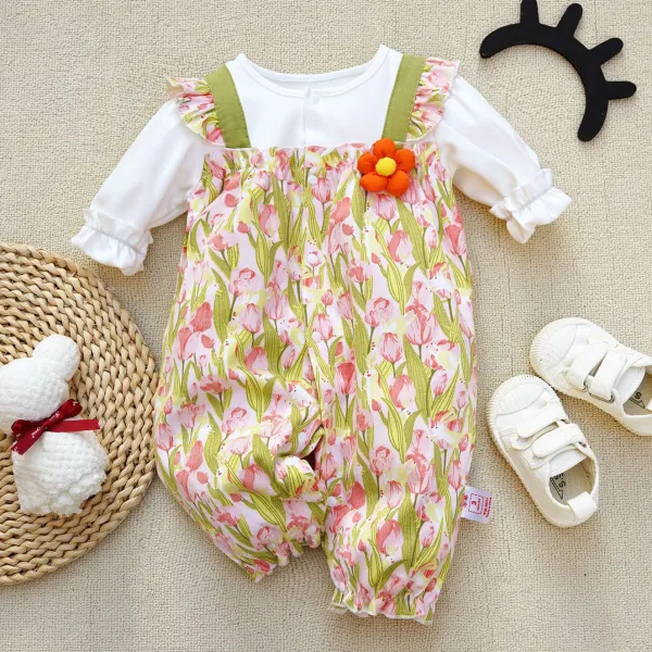 【0M-18M】Baby Girls Cute Floral Printed Fake Two Piece Jumpsuit - Popopieshop.com 