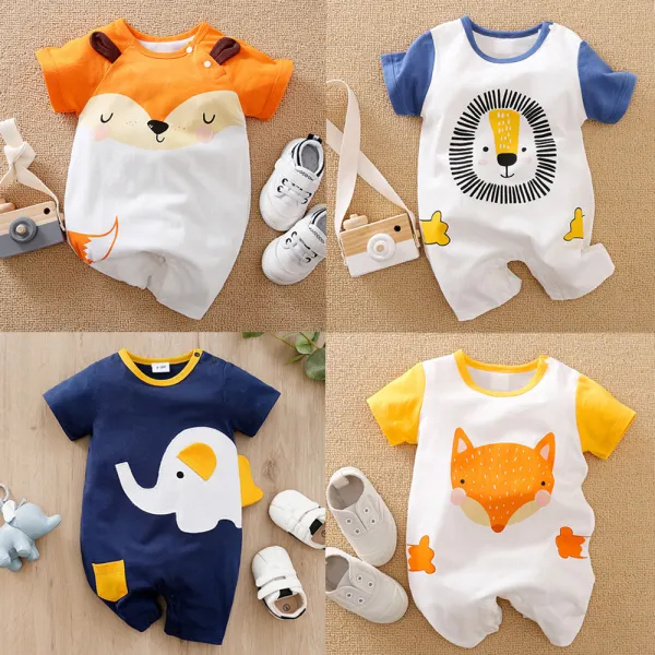【0M-24M】Unisex Baby Cute Cotton Cartoon Animal Print Colorblock Short Sleeve Jumpsuit - Popopieshop.com 
