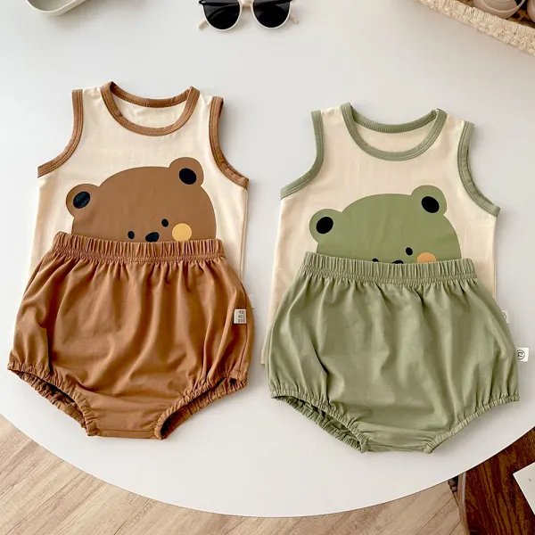【6M-3Y】Unisex Baby Cute Cotton Bear Print Vest And PP Pants Set - Popopieshop.com 