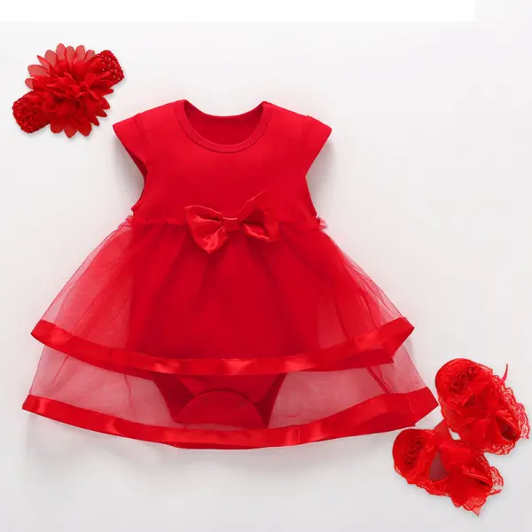 【0M-24M】3-piece Baby Girl Bow Mesh Short Sleeve Romper With Hairband And Shoes - Popopieshop.com 