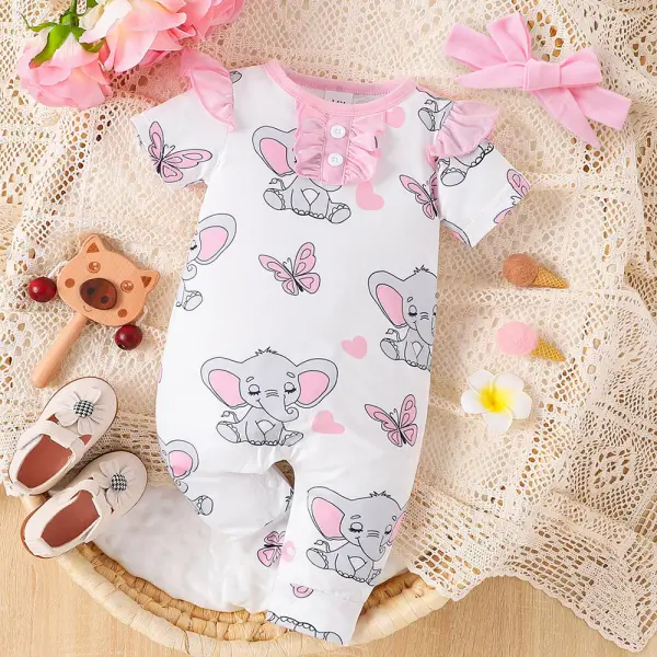 【0M-18M】2-piece Baby Girl Elephant Print Short Sleeve Romper With Hairband - Popopieshop.com 