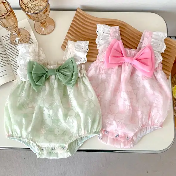 【3M-24M】Baby Girl Cute And Sweet Chiffon Floral Print Ruffled Bowknot Sleeveless Romper - Podoasis.com 