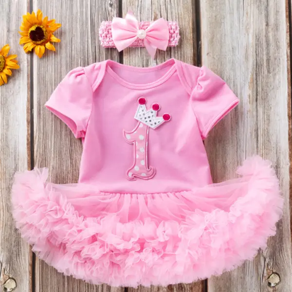 【0M-18M】2-piece Baby Girl Cute Birthday Letter Cake Sports Crown Embroidery Stitching Layered Tulle Romper With Headband - Popopieshop.com 