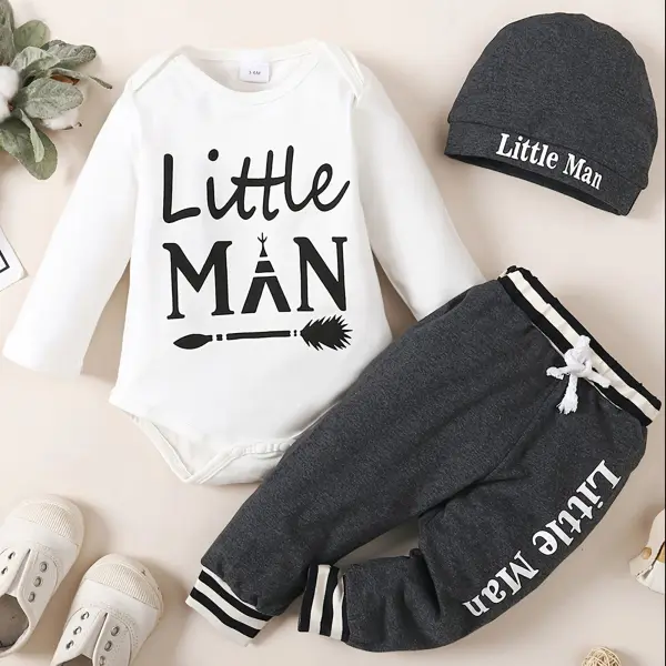 【0M-18M】3-piece Baby Boy Cute Cotton Letter Print Long Sleeve Romper And Pants Set With Hat - Popopieshop.com 