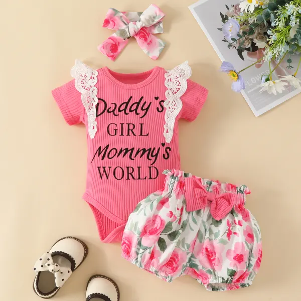 【0M-18M】3-piece Baby Girls Cute Letter Print Romper And Floral Shorts Set With Hairband - Popopieshop.com 