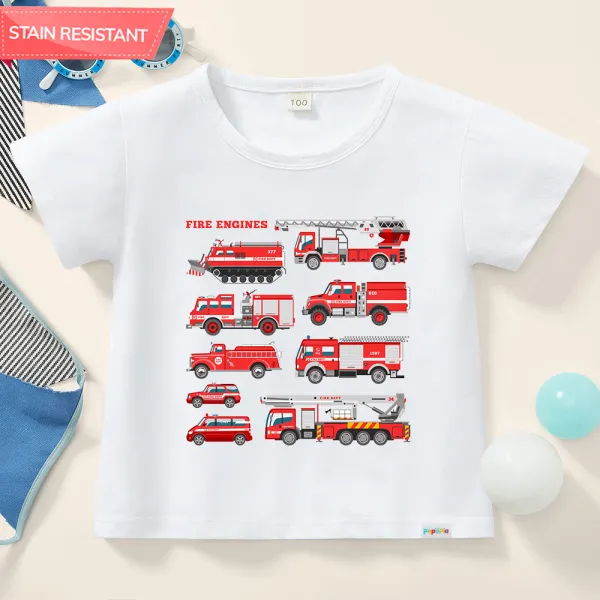 【12M-9Y】Boys Fire Engines Print Cotton Stain Resistant Short Sleeve T-shirt Only $11.99 - Popopieshop.com 