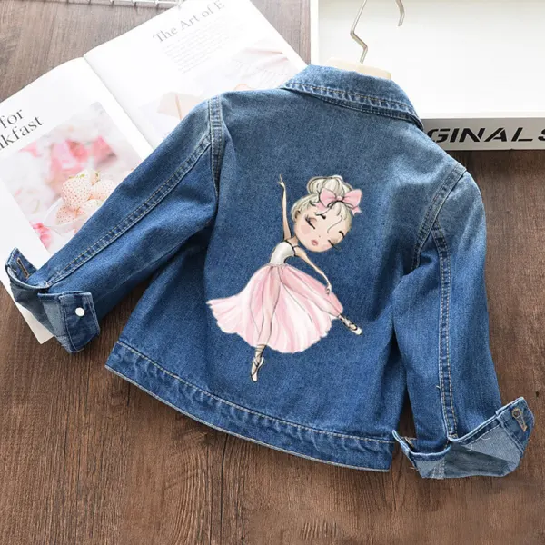 【18M-11Y】Girls Fashion Ballerina Girl Print Blue Denim Jacket - 31182 - Popreal.com 