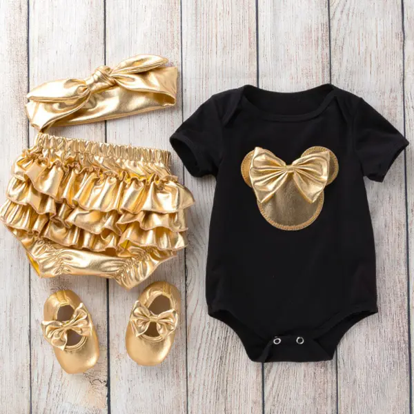 【0M-24M】4-piece Baby Girl Cartoon Bowknot Romper And Ruffled PP Pants Set With Headband And Shoes - Popopieshop.com 