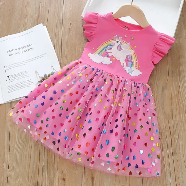 【18M-8Y】Girls Cute Unicorn And Rainbow Printed Heart Shape Mesh Dress - Popopieshop.com 
