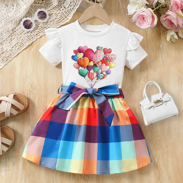 【2Y-8Y】Girl Fashion Colorful Heart-shaped Balloon Print Short-sleeved T-shirt And Plaid Skirt Multicolor Set - Popopieshop.com 