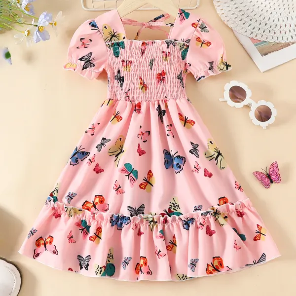 【2Y-10Y】Girls Sweetheart Butterfly Print Square Neck Bubble Sleeve Dress - Popopieshop.com 