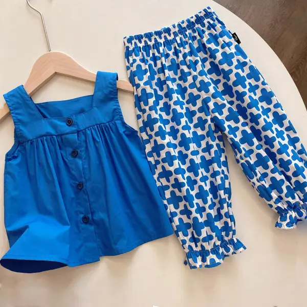 【2Y-8Y】Girl Casual Blue Square Neck Sleeveless Top And Floral Bloomers Set - Popopieshop.com 