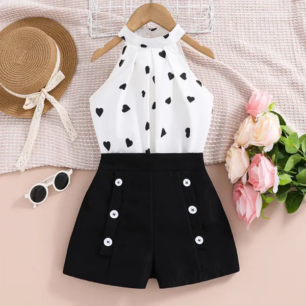【3Y-12Y】2-piece Girls Stylish Floral Print Halter Top And Solid Color Shorts Set - Popreal.com 