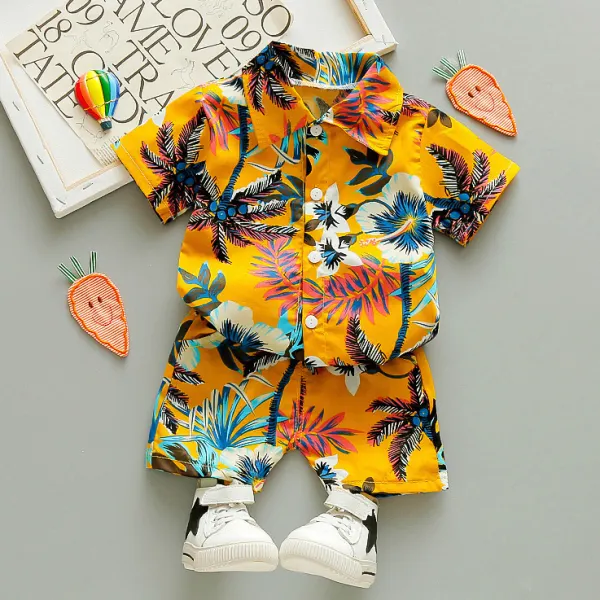【6M-4Y】2-piece Boys Casual Coconut And Floral And Botanical Print Short Sleeve Shirt And Shorts Set - Popopieshop.com 