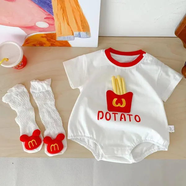 【3M-24M】2-piece Unisex Baby Cotton French Fries Pattern Short Sleeve Romper With Socks - Popopieshop.com 