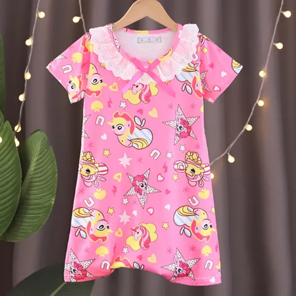 【18M-8Y】Girls Unicorn Print Short Sleeve Pajama Dress - Popopieshop.com 