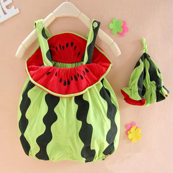 【3M-24M】2-piece Unisex Baby Cotton Fruit Rompers With Hats - Popopieshop.com 