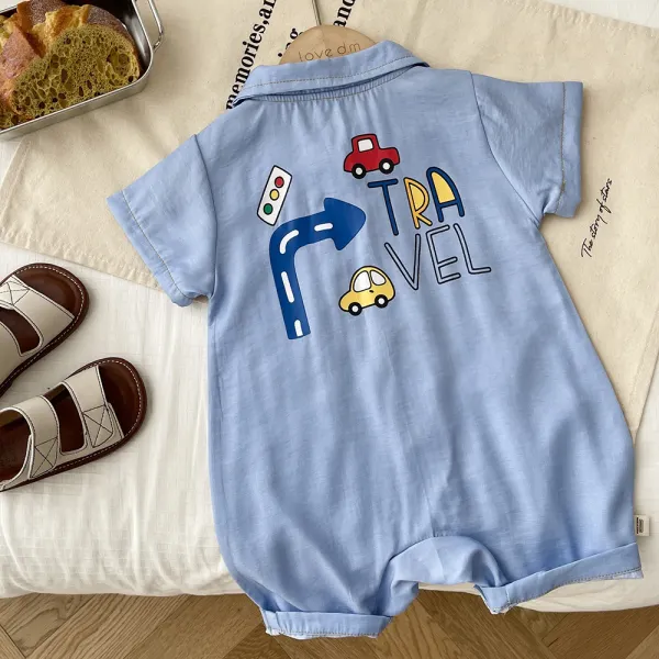 【3M-24M】Baby Boy Cute Car Print Lapel Short Sleeves Romper - Popopieshop.com 