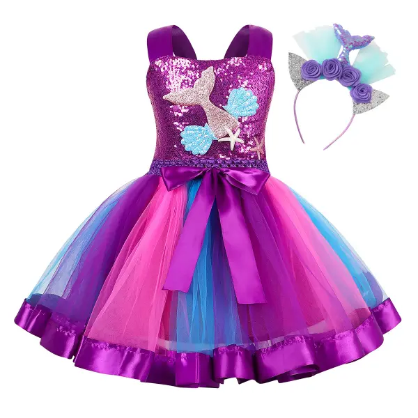 【2Y-11Y】2-piece Girls Mermaid Backless Princess Dress With Hair Accessories - Popopieshop.com 
