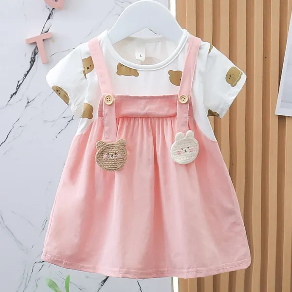 【9M-3Y】Baby Girls Cotton Bear Pattern Short Sleeve Dress - Popopieshop.com 