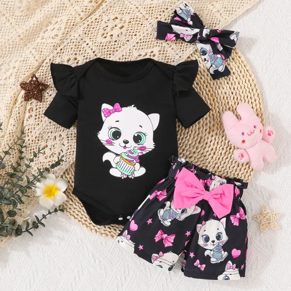 【0M-18M】3-piece Baby Girls Cute Cat Print Romper And Bowknot Shorts Set With Hairband - Popopieshop.com 