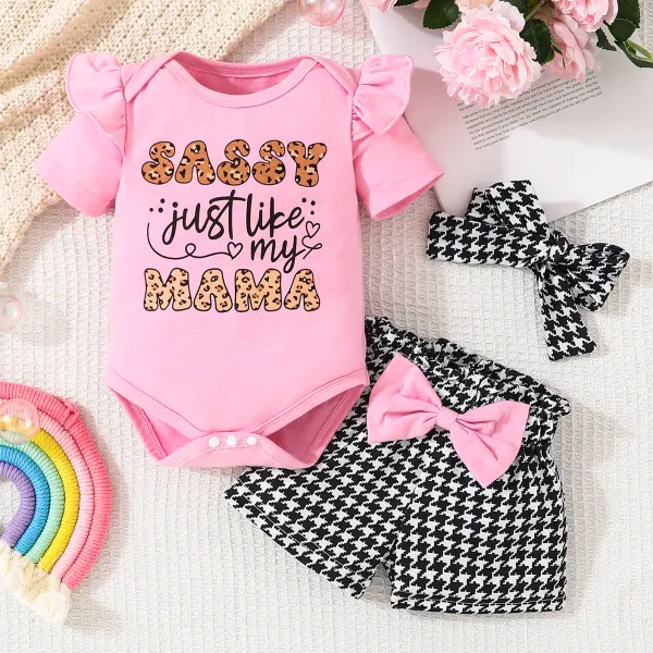 【0M-18M】3-piece Baby Girls Cute Letter Print Romper And Houndstooth Shorts Set With Hairband - Popopieshop.com 