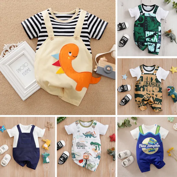 【0M-24M】Baby Boy Cute Fake Two-piece Cartoon Print Short-sleeved Jumpsuit - Popopieshop.com 